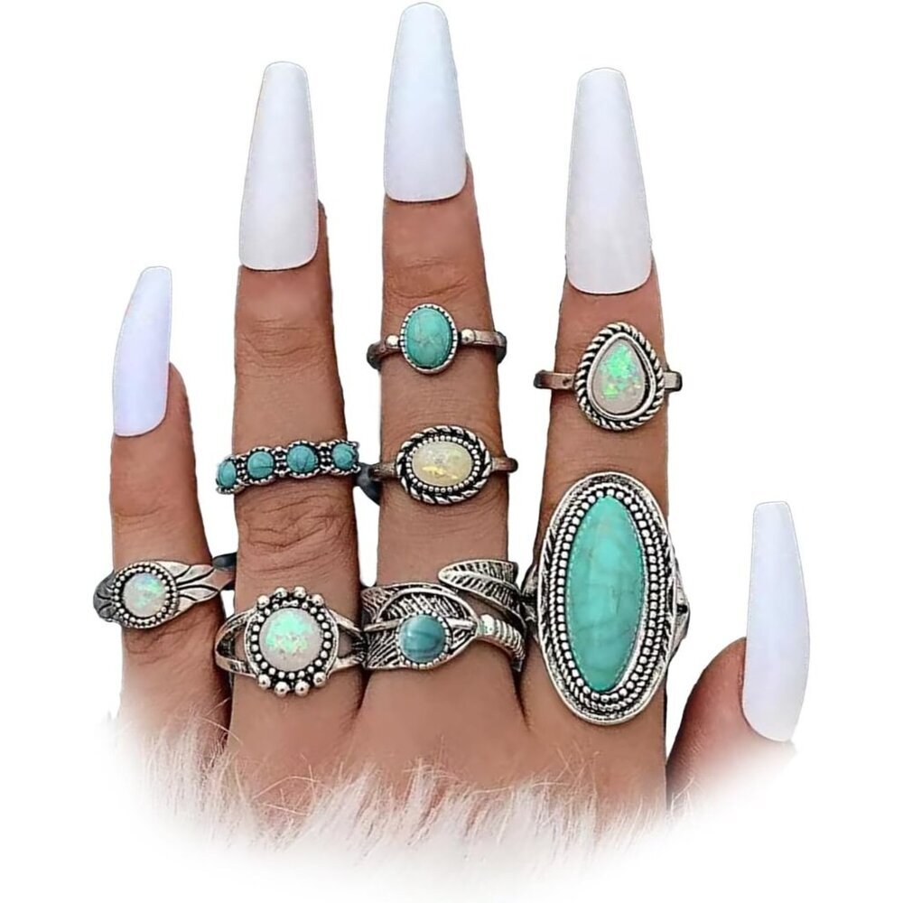Cute Vintage Turquoise Stackable Rings Set for Women: Perfect for Daily Wear
